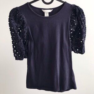 H&M Navy Eyelet Puff Sleeve Top